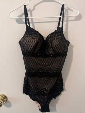 Skinnygirl Shapewear Alluring Shaping Bodysuit Black Lace Nude Lining Large